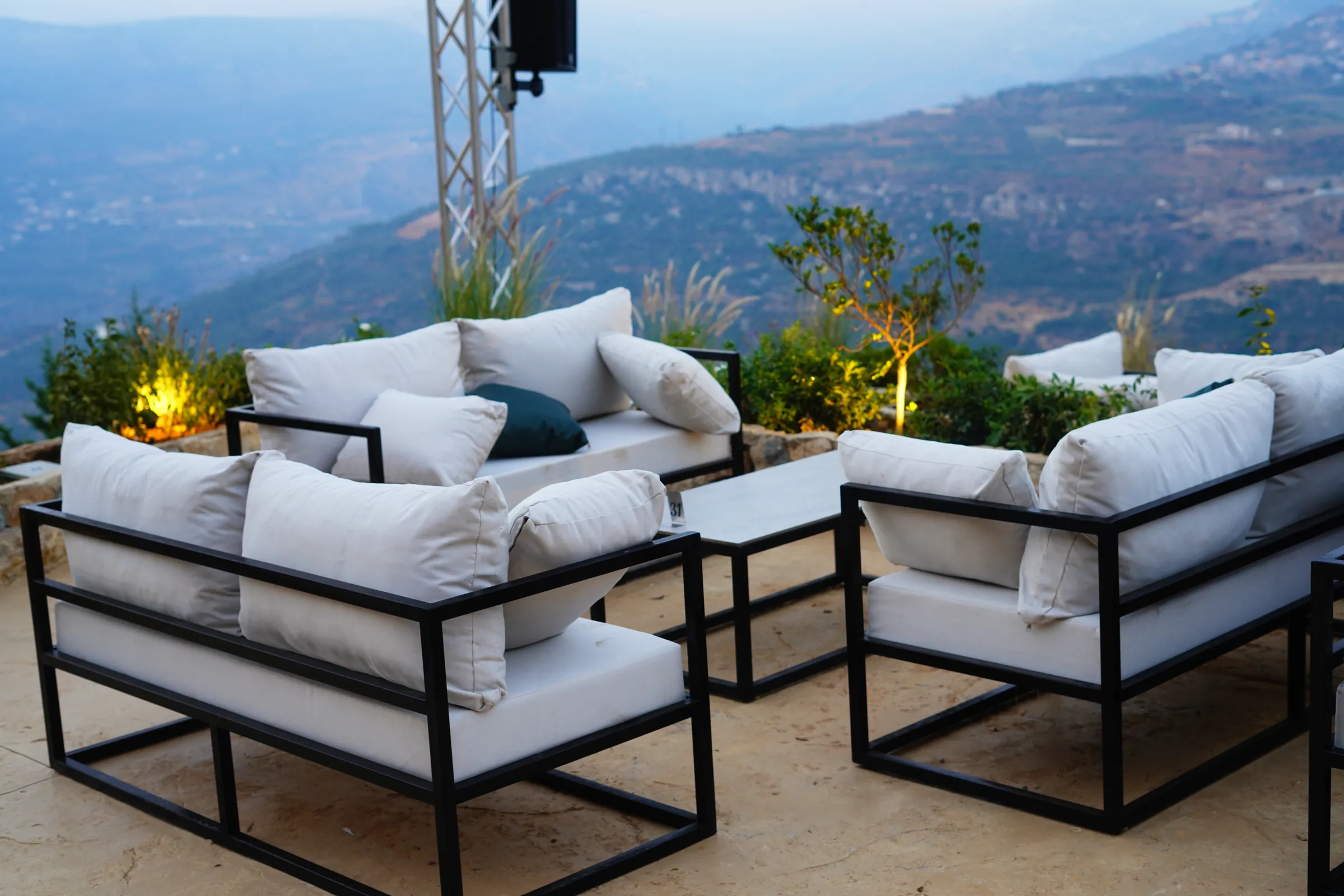 The terrace at dusk, the Chouf valley beyond